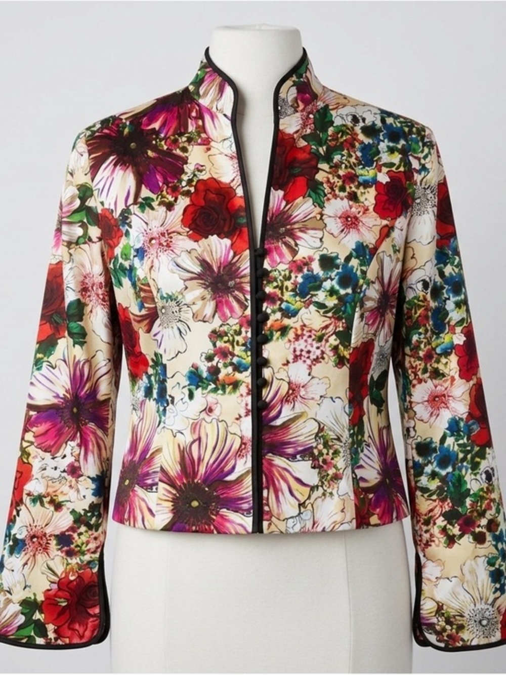 Vintage 100% Silk Floral Jacket Mandarin Collar Lined Y2K Statement Eveningwear